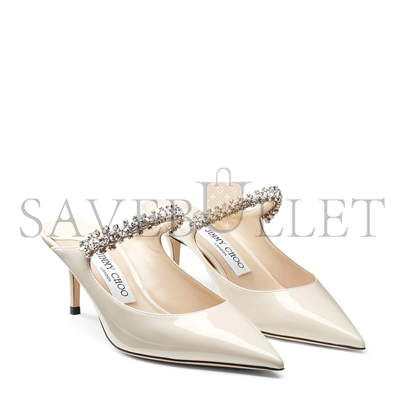 JIMMY CHOO BING 65 LINEN PATENT LEATHER MULES WITH CRYSTAL STRAP BING65PAT